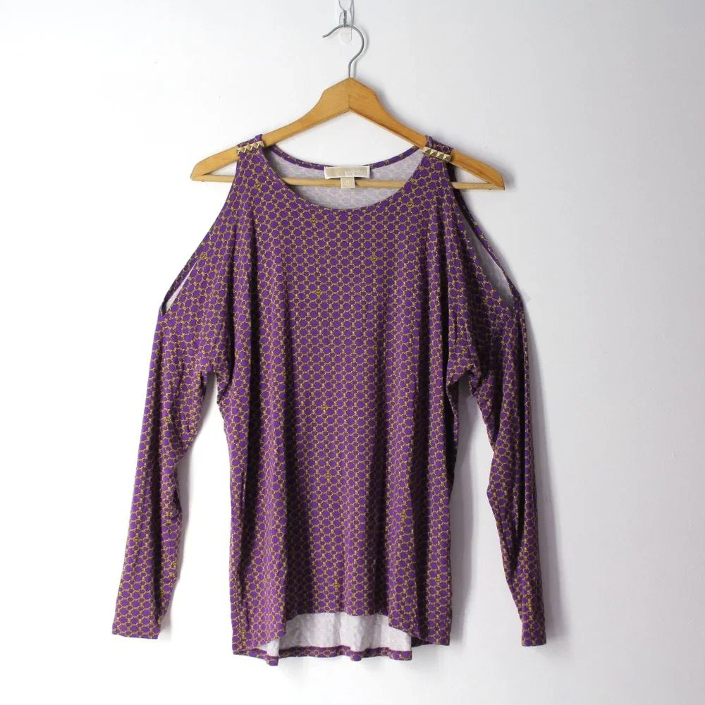 MICHAEL Michael Kors Purple and Gold Geometric Print Cold-Shoulder Blouse top M